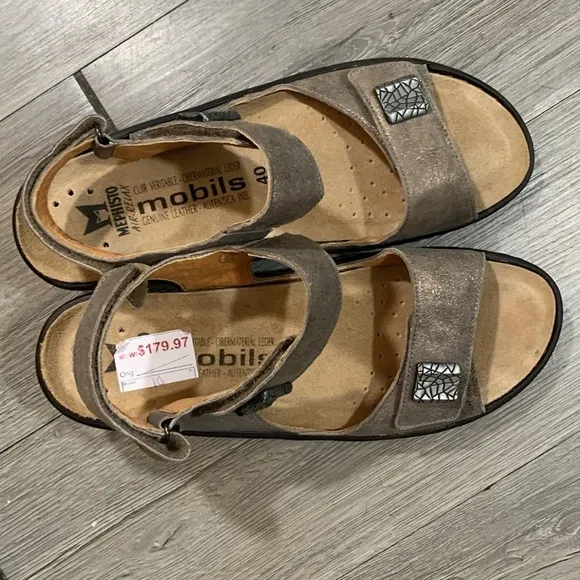 Mephisto Mobile MARYSE Taupe Leather Wedge Adjustable Strap Sandals size 40 = 10