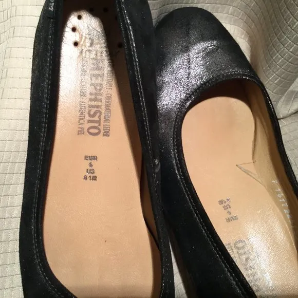 Mephisto women black flats slip on, shiny leather