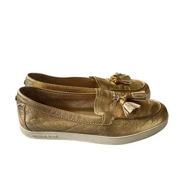 Michael Kors 7.5 Callahan Moccasins GOLD LEATHER Loafers Tassel Slip On Flats
