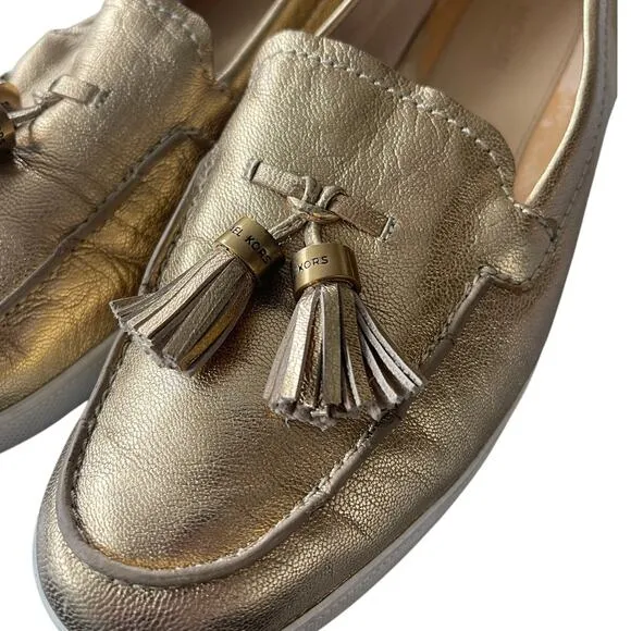 Michael Kors 7.5 Callahan Moccasins GOLD LEATHER Loafers Tassel Slip On Flats