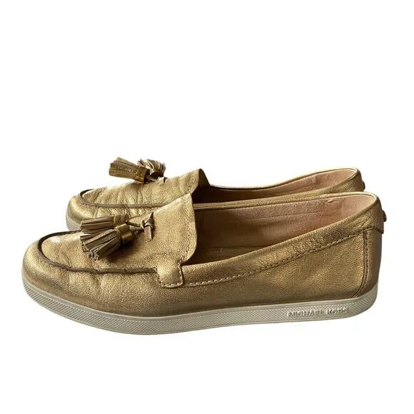 Michael Kors 7.5 Callahan Moccasins GOLD LEATHER Loafers Tassel Slip On Flats