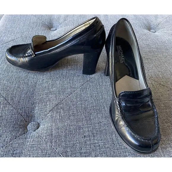 Michael Kors Bayville High Heel Penny Loafers Black Patent Leather 7M
