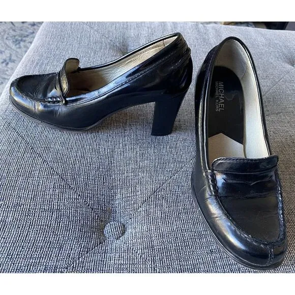 Michael Kors Bayville High Heel Penny Loafers Black Patent Leather 7M
