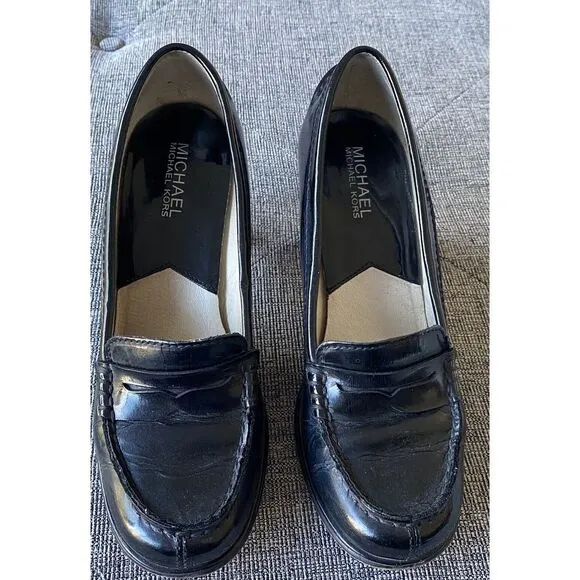Michael Kors Bayville High Heel Penny Loafers Black Patent Leather 7M