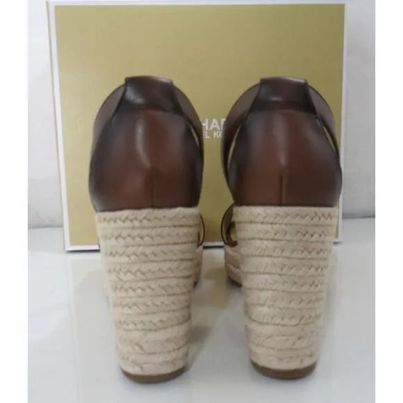 Michael Kors Berkley Mid Platform Wedge Sandal Espadrille Leather Luggage Size 8