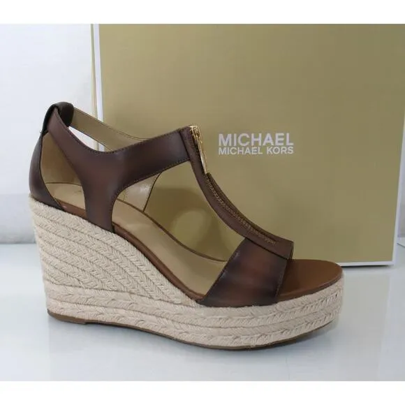 Michael Kors Berkley Mid Platform Wedge Sandal Espadrille Leather Luggage Size 8