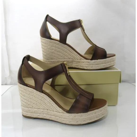 Michael Kors Berkley Mid Platform Wedge Sandal Espadrille Leather Luggage Size 8