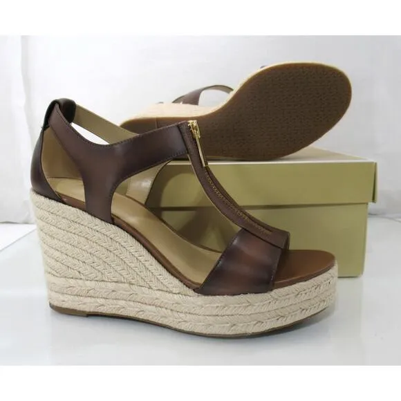 Michael Kors Berkley Mid Platform Wedge Sandal Espadrille Leather Luggage Size 8