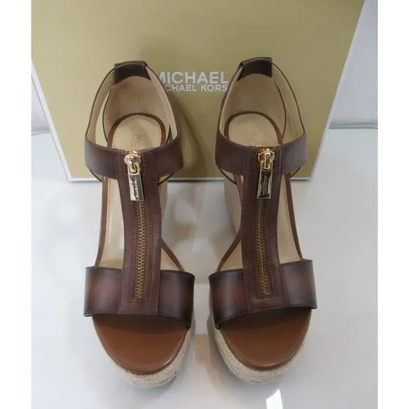 Michael Kors Berkley Mid Platform Wedge Sandal Espadrille Leather Luggage Size 8