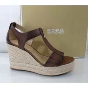 Michael Kors Berkley Mid Platform Wedge Sandal Espadrille Leather Luggage Size 8