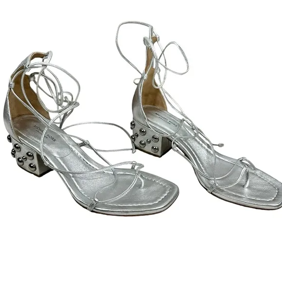 MICHAEL KORS Collection Ayers Embellished Metallic Silver Leather Sandals