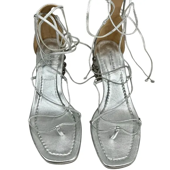 MICHAEL KORS Collection Ayers Embellished Metallic Silver Leather Sandals
