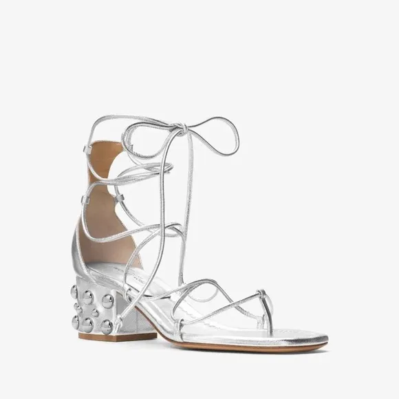 MICHAEL KORS Collection Ayers Embellished Metallic Silver Leather Sandals