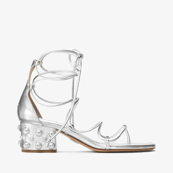 MICHAEL KORS Collection Ayers Embellished Metallic Silver Leather Sandals