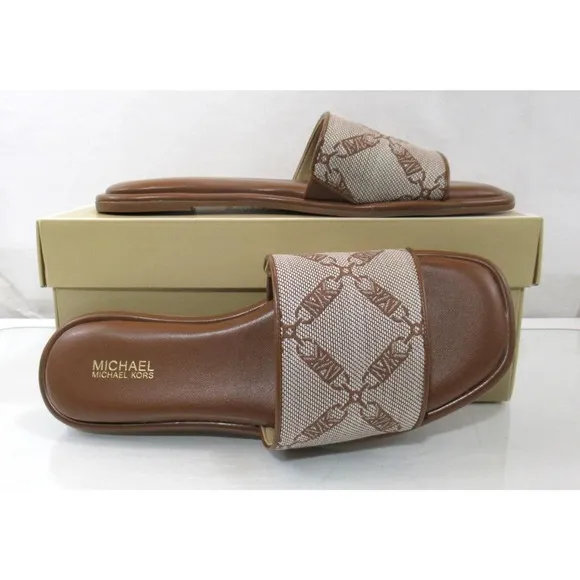 Michael Kors Hayworth Empire Logo Jacquard Slide Sandal Natural Luggage Size 7.5