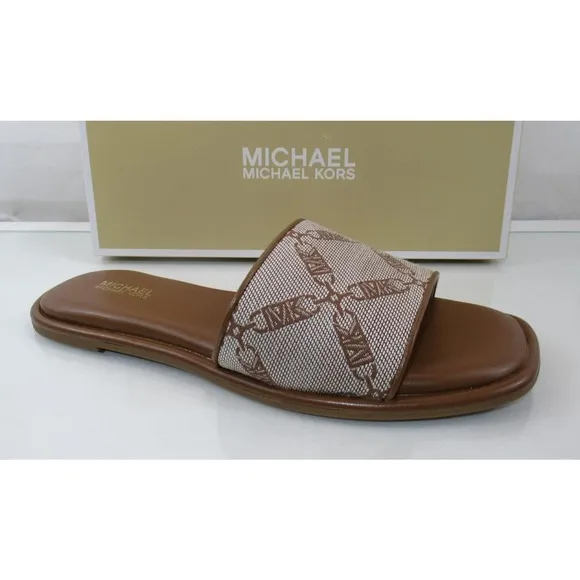 Michael Kors Hayworth Empire Logo Jacquard Slide Sandal Natural Luggage Size 7.5