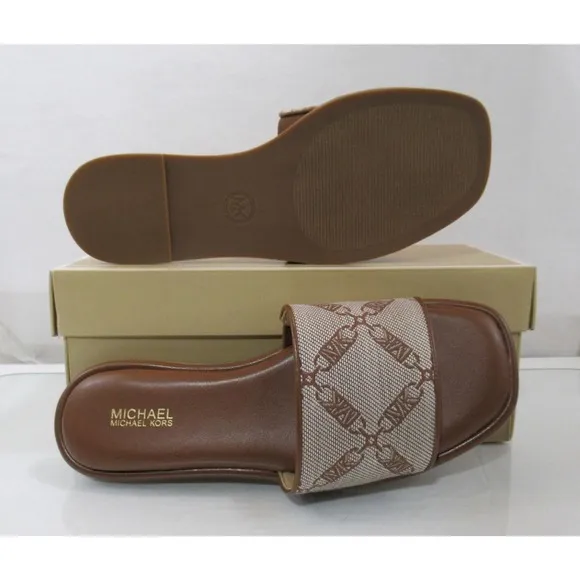 Michael Kors Hayworth Empire Logo Jacquard Slide Sandal Natural Luggage Size 7.5