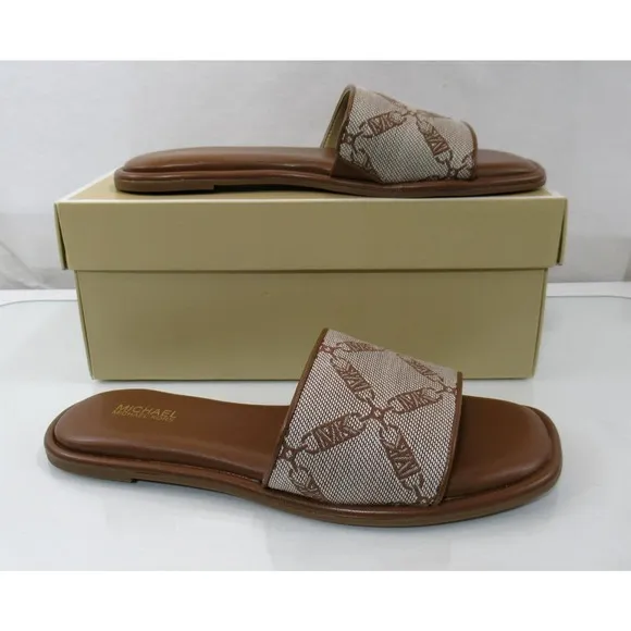 Michael Kors Hayworth Empire Logo Jacquard Slide Sandal Natural Luggage Size 7.5