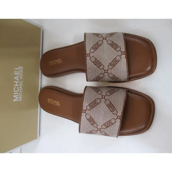 Michael Kors Hayworth Empire Logo Jacquard Slide Sandal Natural Luggage Size 7.5
