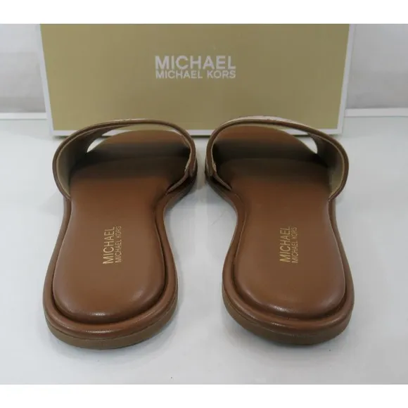 Michael Kors Hayworth Empire Logo Jacquard Slide Sandal Natural Luggage Size 7.5