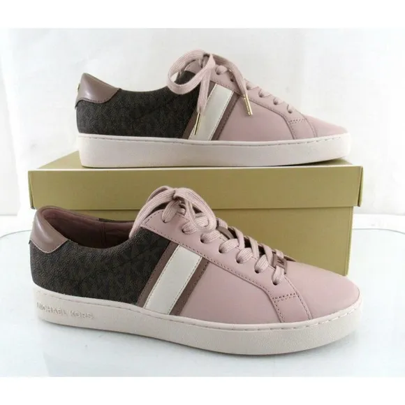 Michael Kors Irving Stripe Lace Up Designer Sneakers MK Logo Soft Pink Size 9.5