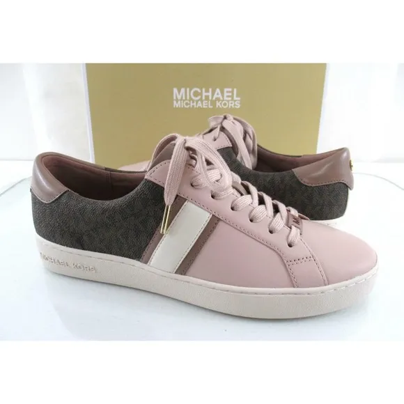 Michael Kors Irving Stripe Lace Up Designer Sneakers MK Logo Soft Pink Size 9.5