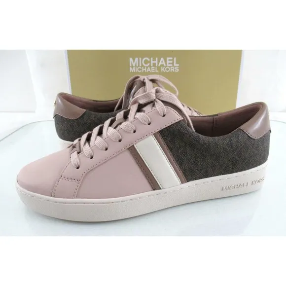 Michael Kors Irving Stripe Lace Up Designer Sneakers MK Logo Soft Pink Size 9.5