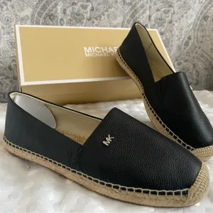 Michael Kors Kendrick Slip On Espadrille Flats MK Logo Leather Black Size 8.5
