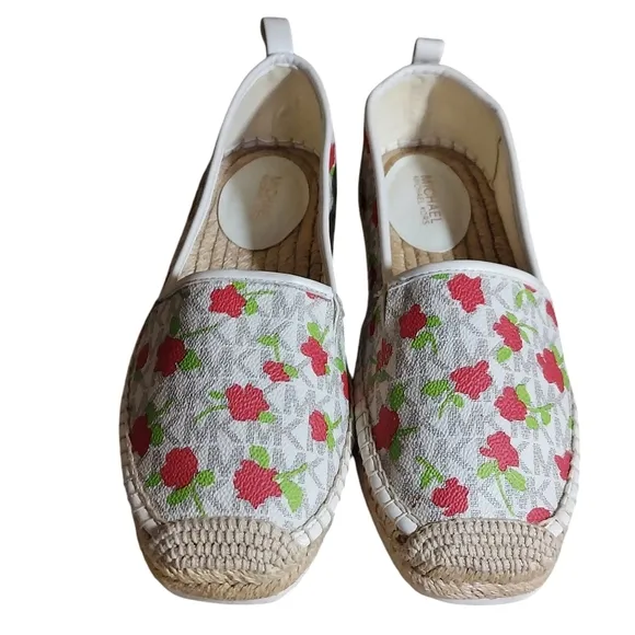 Michael Kors Lenny Peach Pink Red Floral Elastic Gored Slip-On Espadrilles Flats