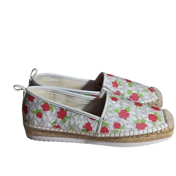 Michael Kors Lenny Peach Pink Red Floral Elastic Gored Slip-On Espadrilles Flats