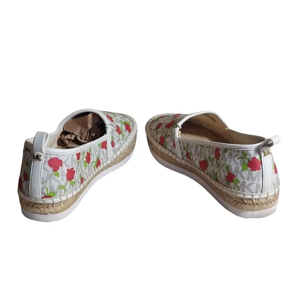 Michael Kors Lenny Peach Pink Red Floral Elastic Gored Slip-On Espadrilles Flats