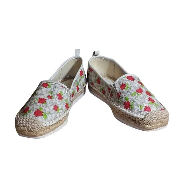Michael Kors Lenny Peach Pink Red Floral Elastic Gored Slip-On Espadrilles Flats