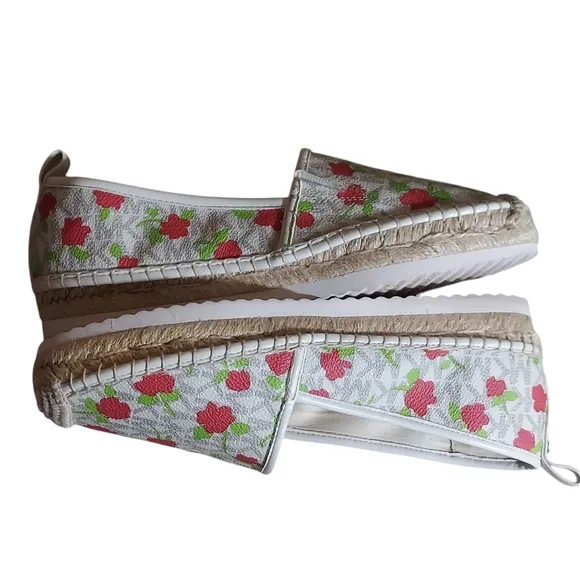 Michael Kors Lenny Peach Pink Red Floral Elastic Gored Slip-On Espadrilles Flats