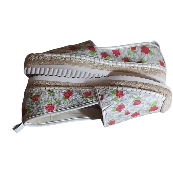 Michael Kors Lenny Peach Pink Red Floral Elastic Gored Slip-On Espadrilles Flats