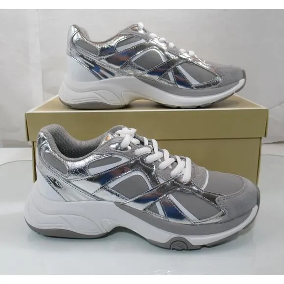 Michael Kors Leo Trainer Lace Up Sneakers MK Signature Silver