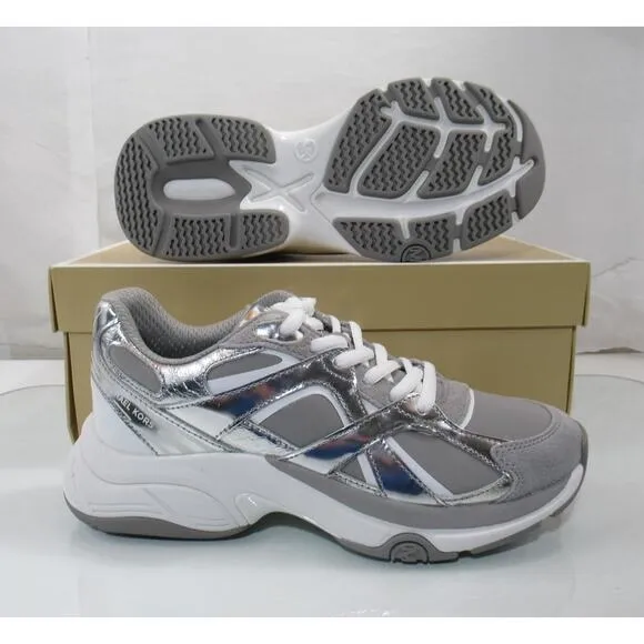 Michael Kors Leo Trainer Lace Up Sneakers MK Signature Silver