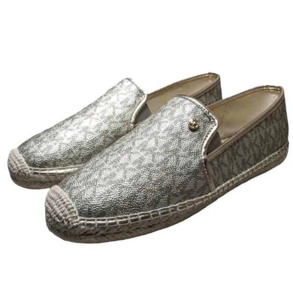 Michael Kors Metallic Logo Print PVC Espadrille Flats sz 9