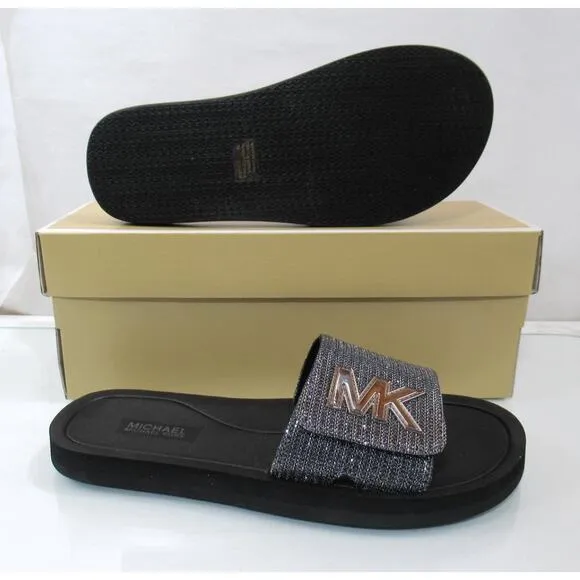 Michael Kors MK Slide Sandals Glitter Chain Mesh Comfort Gunmetal