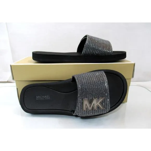 Michael Kors MK Slide Sandals Glitter Chain Mesh Comfort Gunmetal