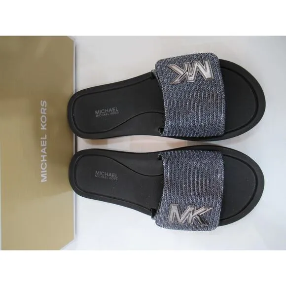 Michael Kors MK Slide Sandals Glitter Chain Mesh Comfort Gunmetal