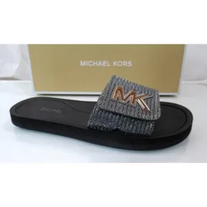 Michael Kors MK Slide Sandals Glitter Chain Mesh Comfort Gunmetal