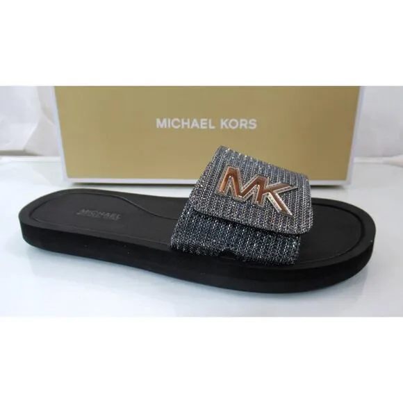 Michael Kors MK Slide Sandals Glitter Chain Mesh Comfort Gunmetal