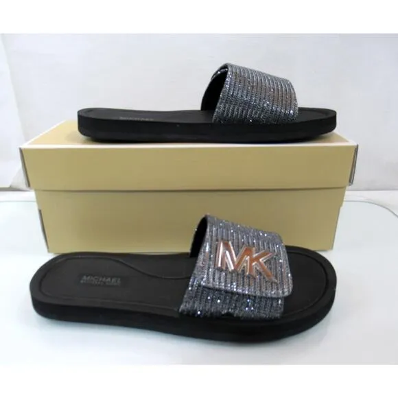 Michael Kors MK Slide Sandals Glitter Chain Mesh Comfort Gunmetal