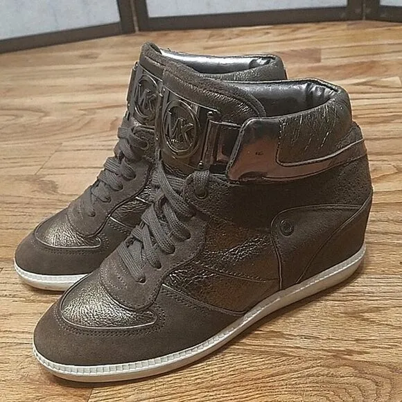 MICHAEL KORS NIKKO HIGH TOP WEDGE SNEAKERS Brown Womens's 7.5