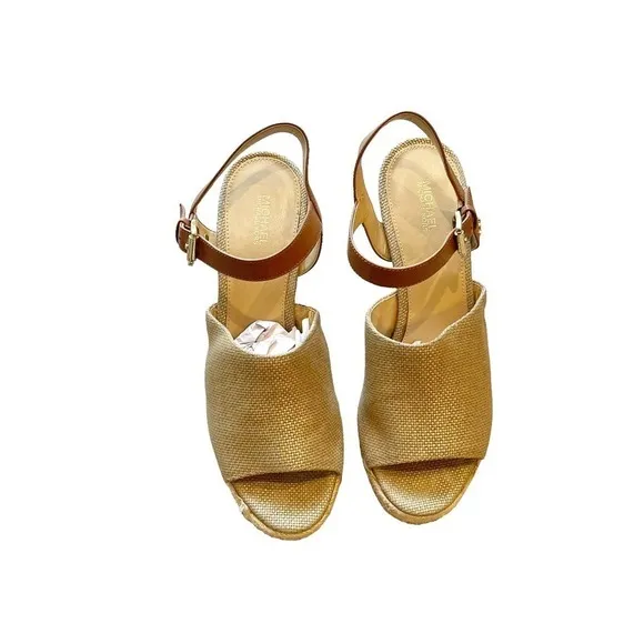 Michael Kors Penelope Wedge Canvas/LeatherGold/Luggage Platform Sandal Size 9.5M