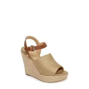 Michael Kors Penelope Wedge Canvas/LeatherGold/Luggage Platform Sandal Size 9.5M