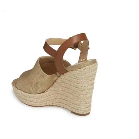 Michael Kors Penelope Wedge Canvas/LeatherGold/Luggage Platform Sandal Size 9.5M