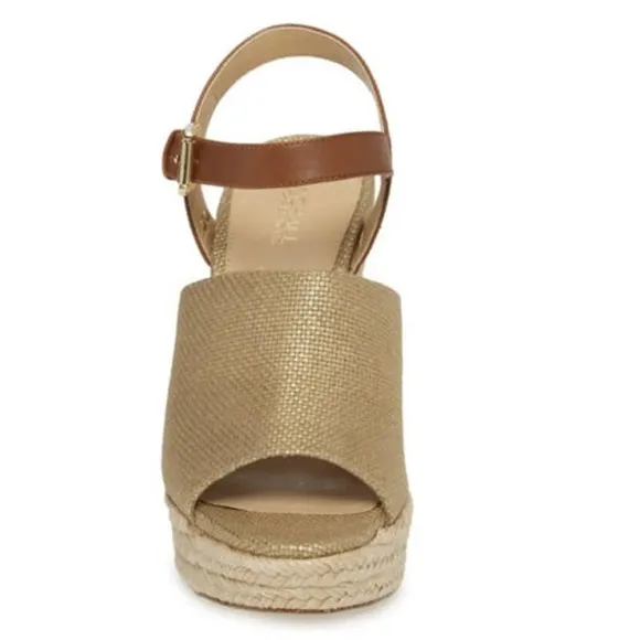 Michael Kors Penelope Wedge Canvas/LeatherGold/Luggage Platform Sandal Size 9.5M