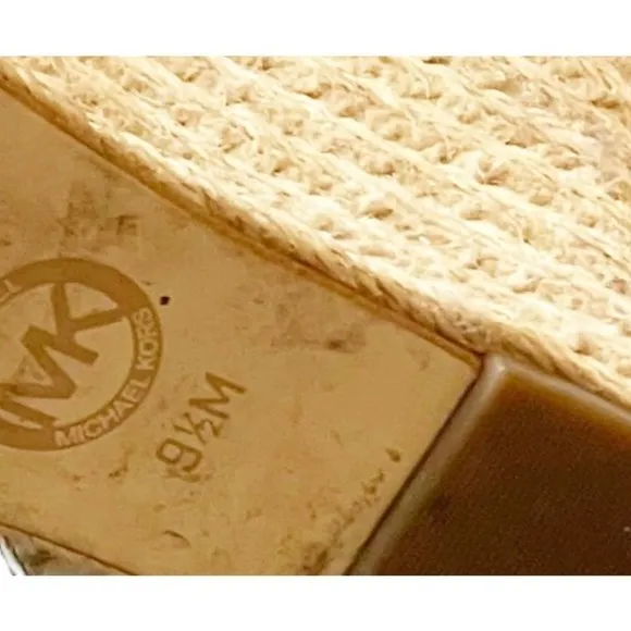 Michael Kors Penelope Wedge Canvas/LeatherGold/Luggage Platform Sandal Size 9.5M