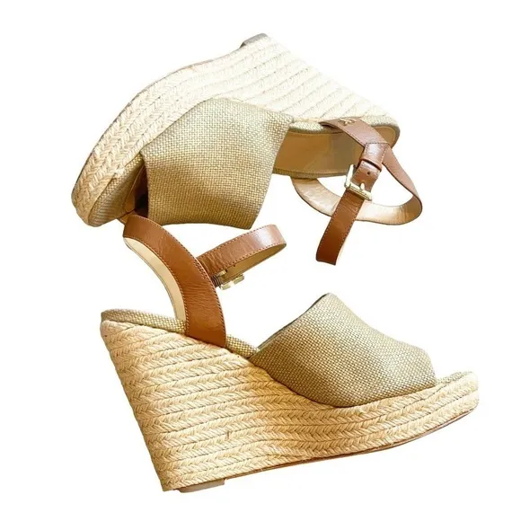 Michael Kors Penelope Wedge Canvas/LeatherGold/Luggage Platform Sandal Size 9.5M